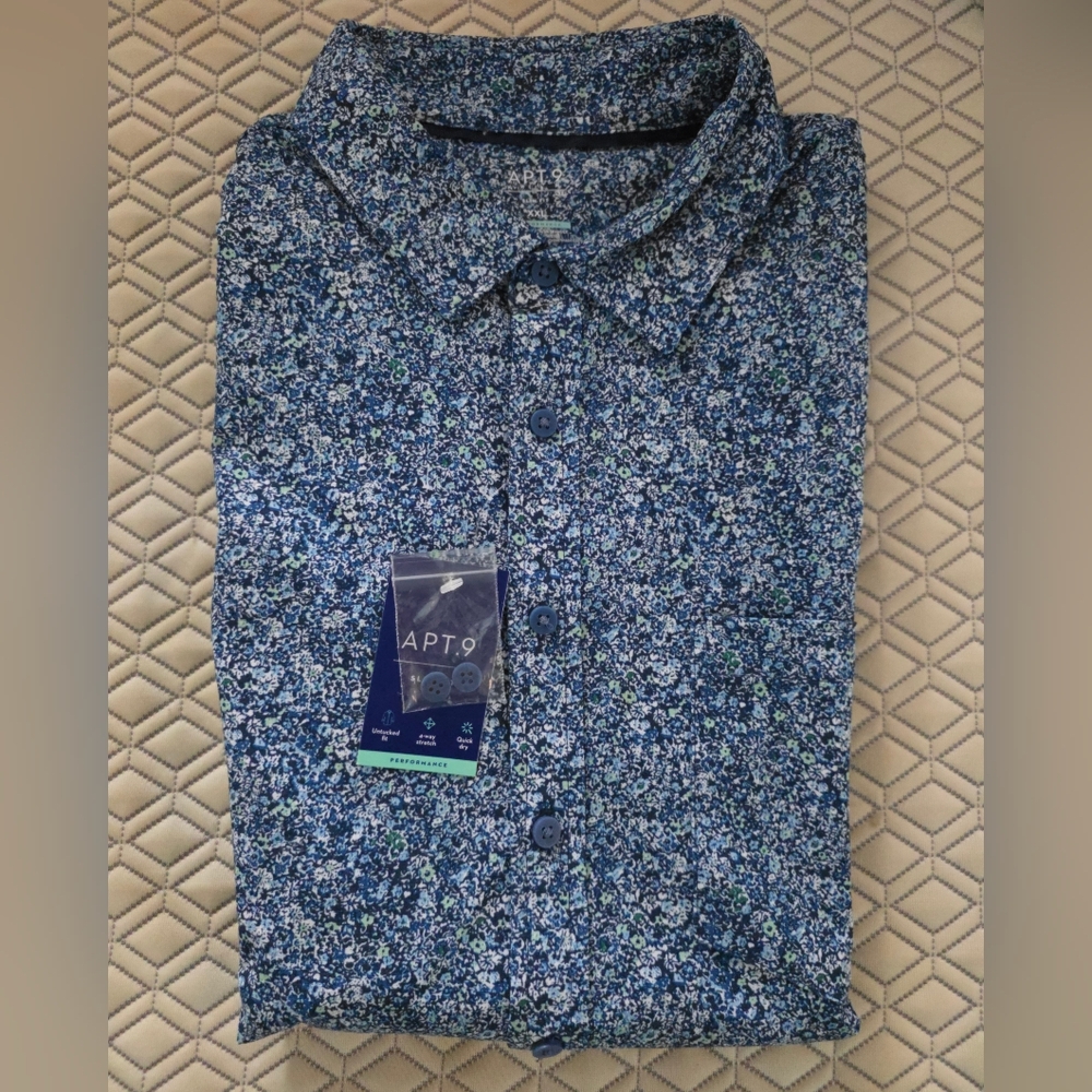 Men's Performance Sleeve button down shirt Flowers Blue XXL Apt 9